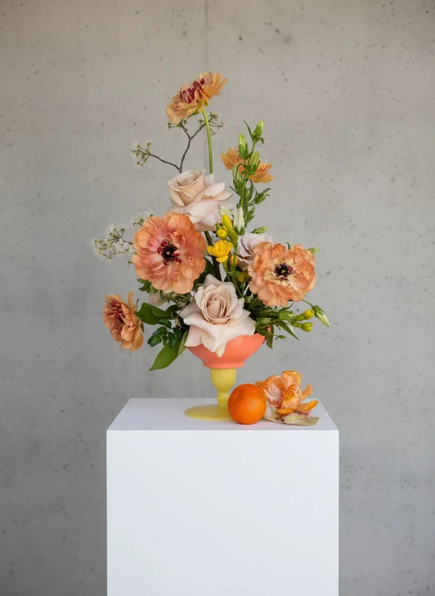 Peach ranunculus and blush roses rising from a coral compote on a white plinth, a tangerine at its foot.