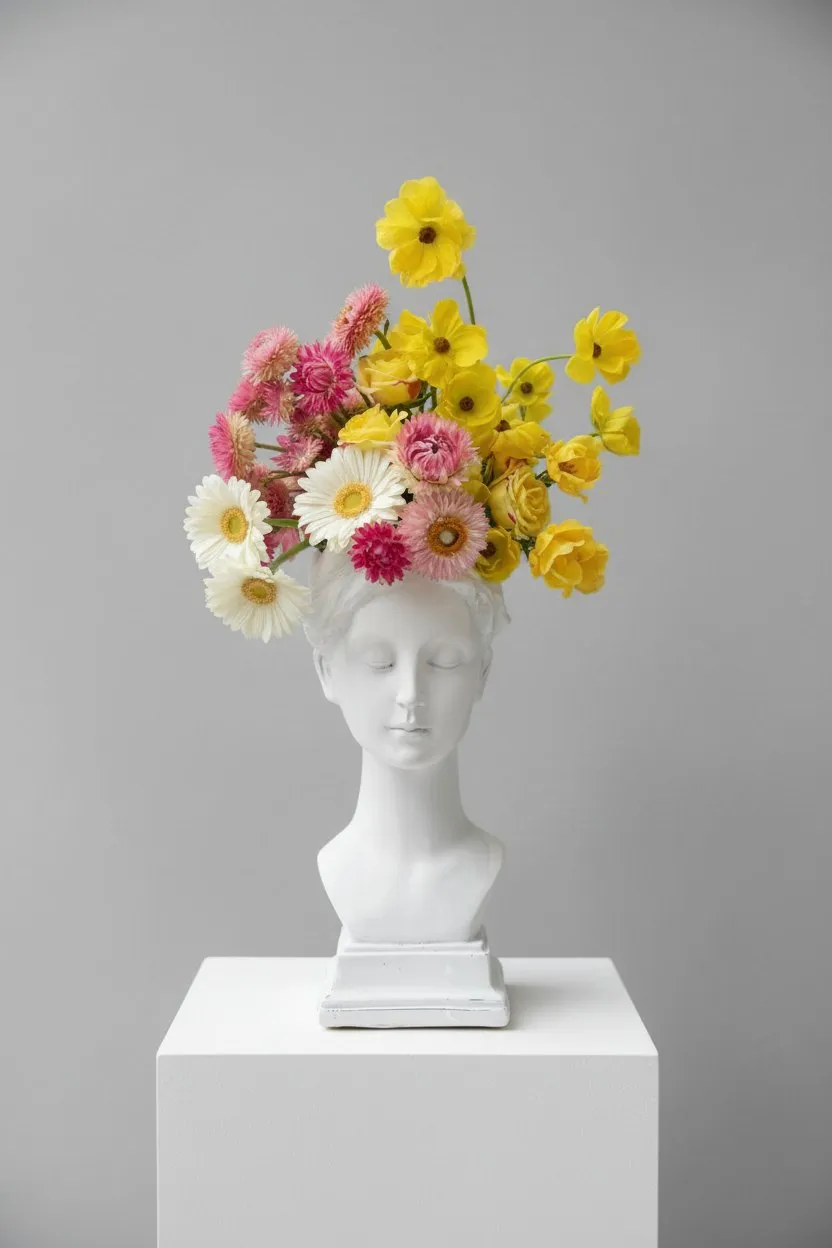 Classical bust crowned with yellow cosmos and wildflowers.