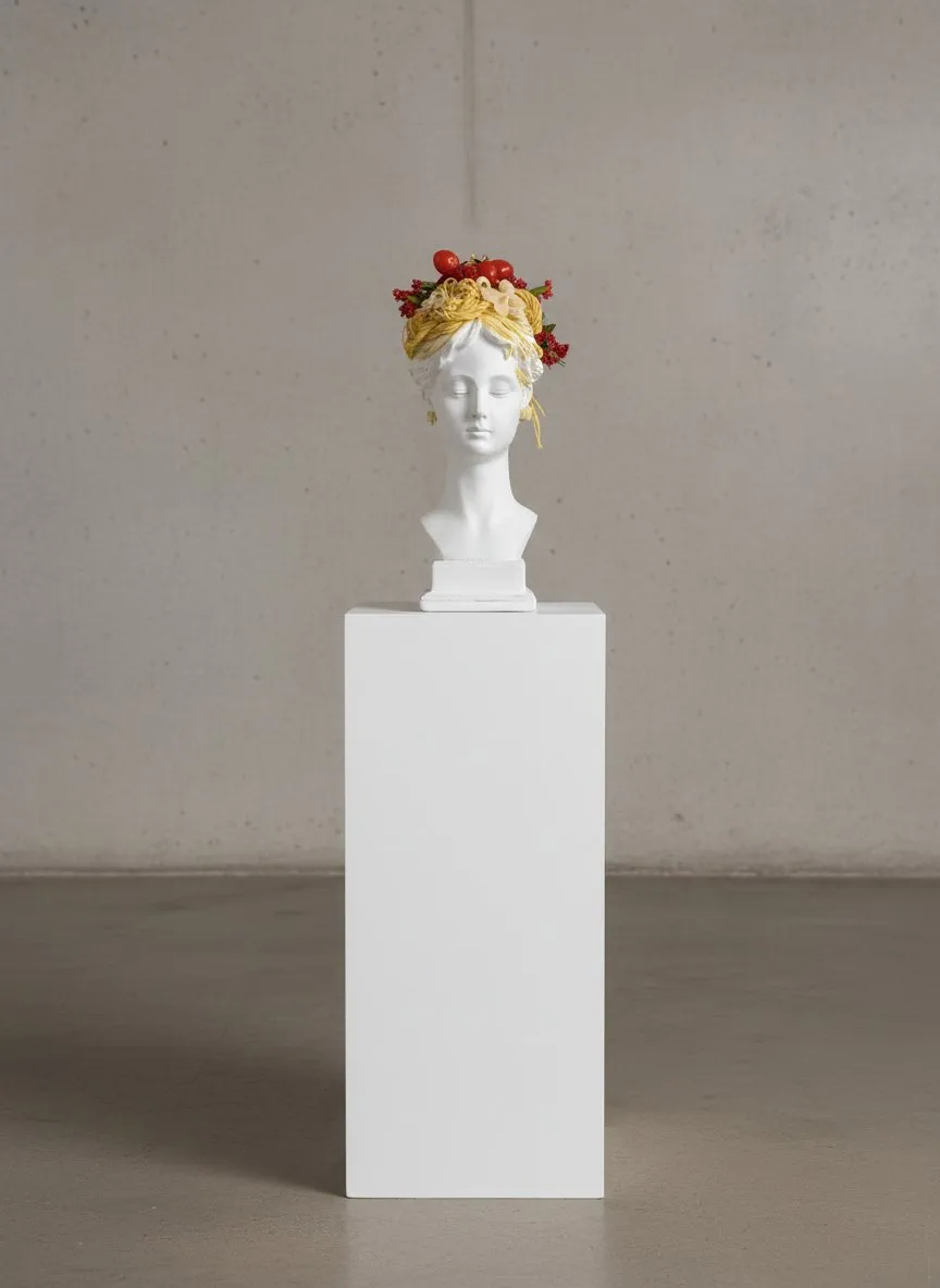 White bust wearing a crown of red tulips, ranunculus and trailing greenery.