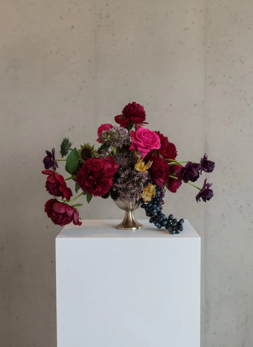Fuchsia and burgundy arrangement with berries and dahlias on a plinth.