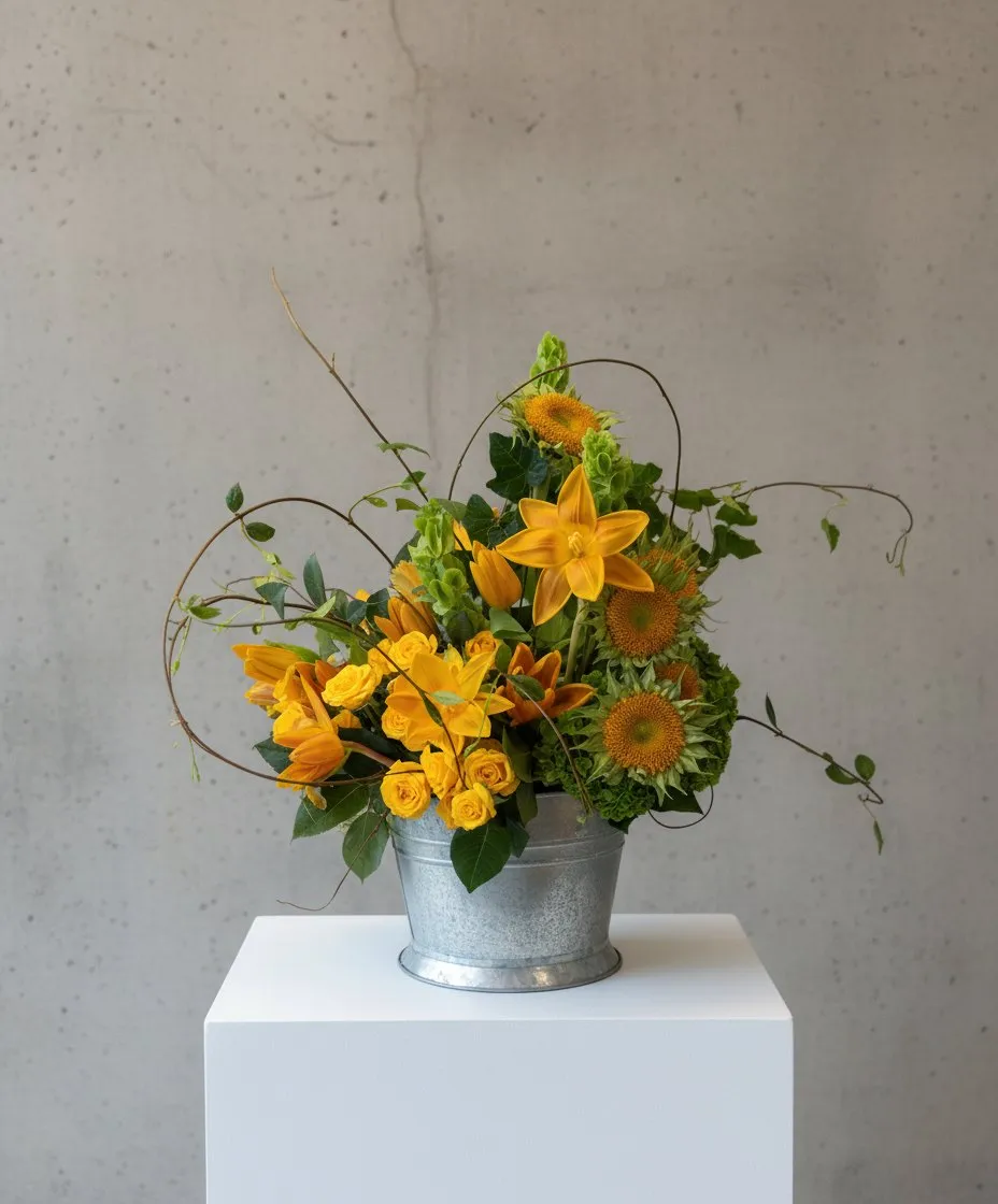 Daffodils and yellow tulips gathered loosely in a galvanized tin on a white plinth.