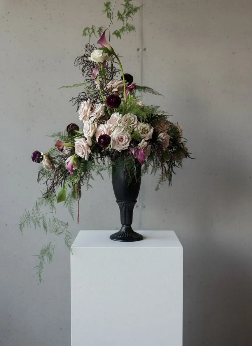 Moody mauve roses and smoke bush in a dark footed urn.