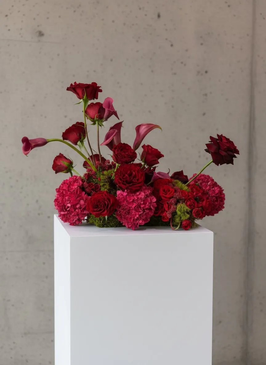 Magenta calla lilies and cockscomb rising from a sculptural cluster on a pedestal.