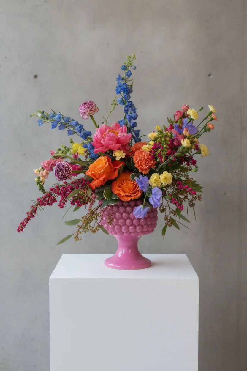 Coral peonies, blue delphinium and ranunculus in a pink compote.