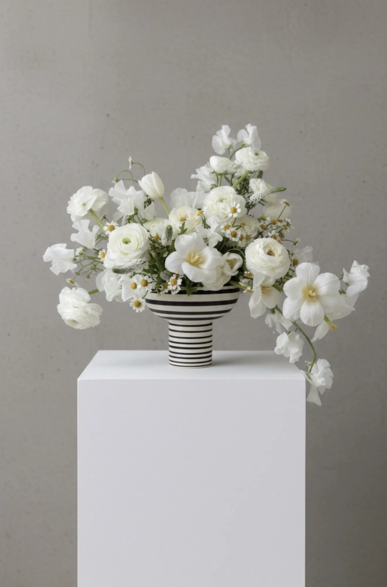 White ranunculus and chamomile spilling from a striped compote.