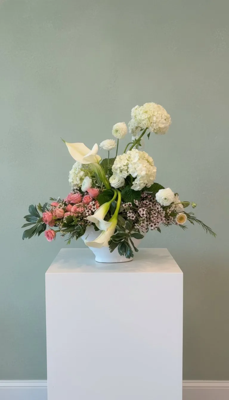 White and sage arrangement of ranunculus and viburnum in a footed vessel.