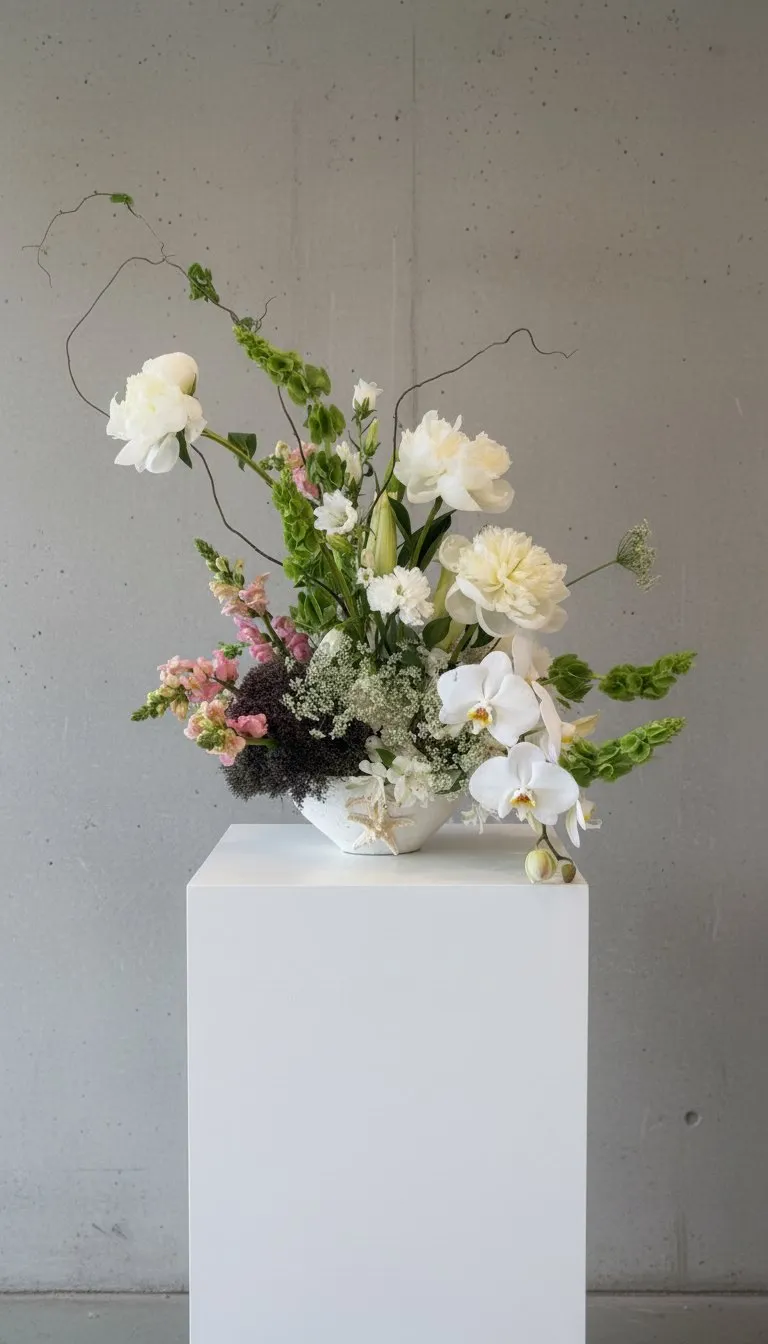 Sculptural white arrangement with sweet peas and trailing vine on a plinth.