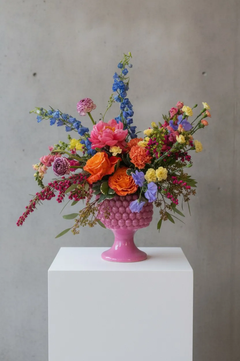 Vivid arrangement of coral peonies, orange roses, blue delphinium and yellow carnations in a pink bobble compote.
