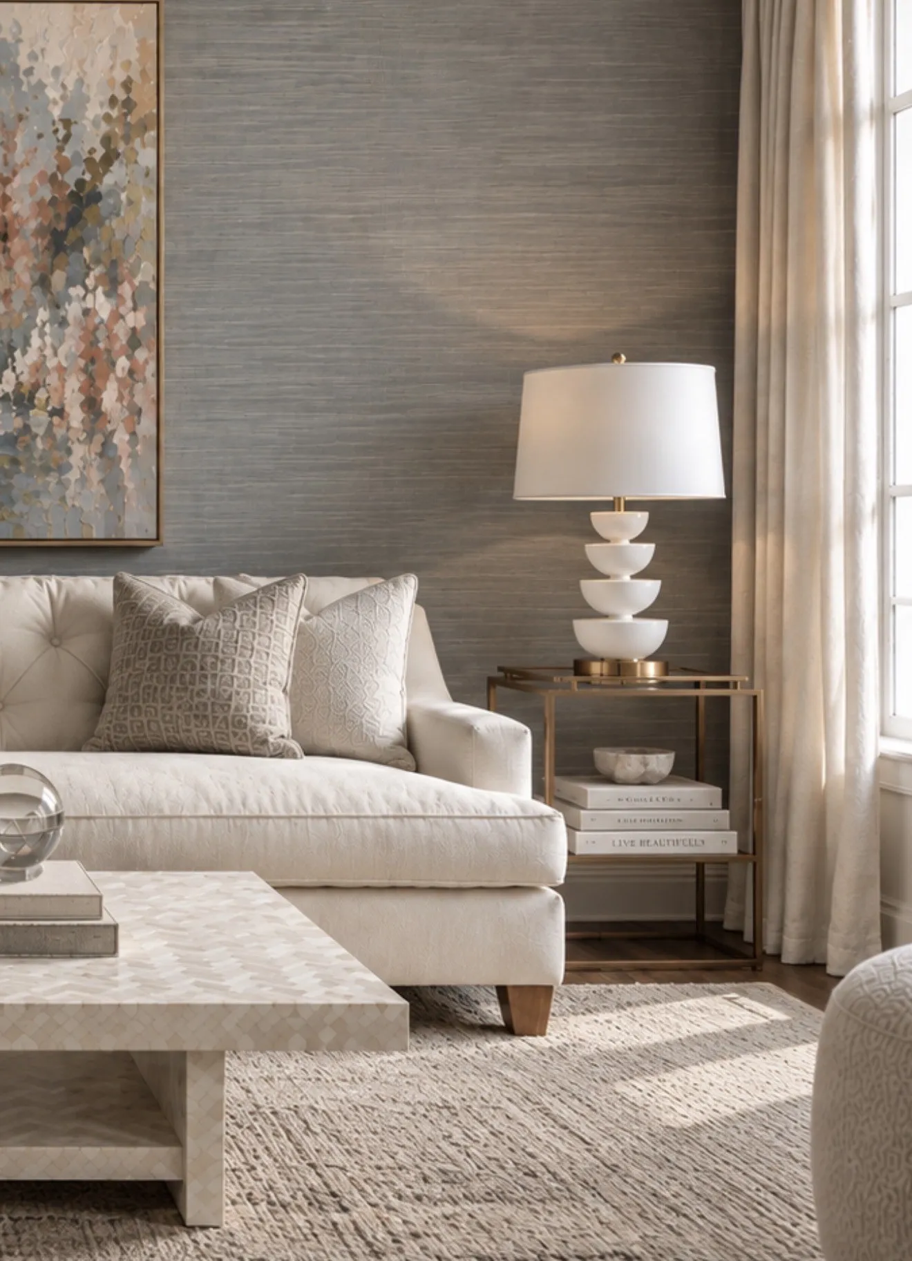 Living room corner with grey grasscloth walls, a cream sofa and a sculptural white lamp.
