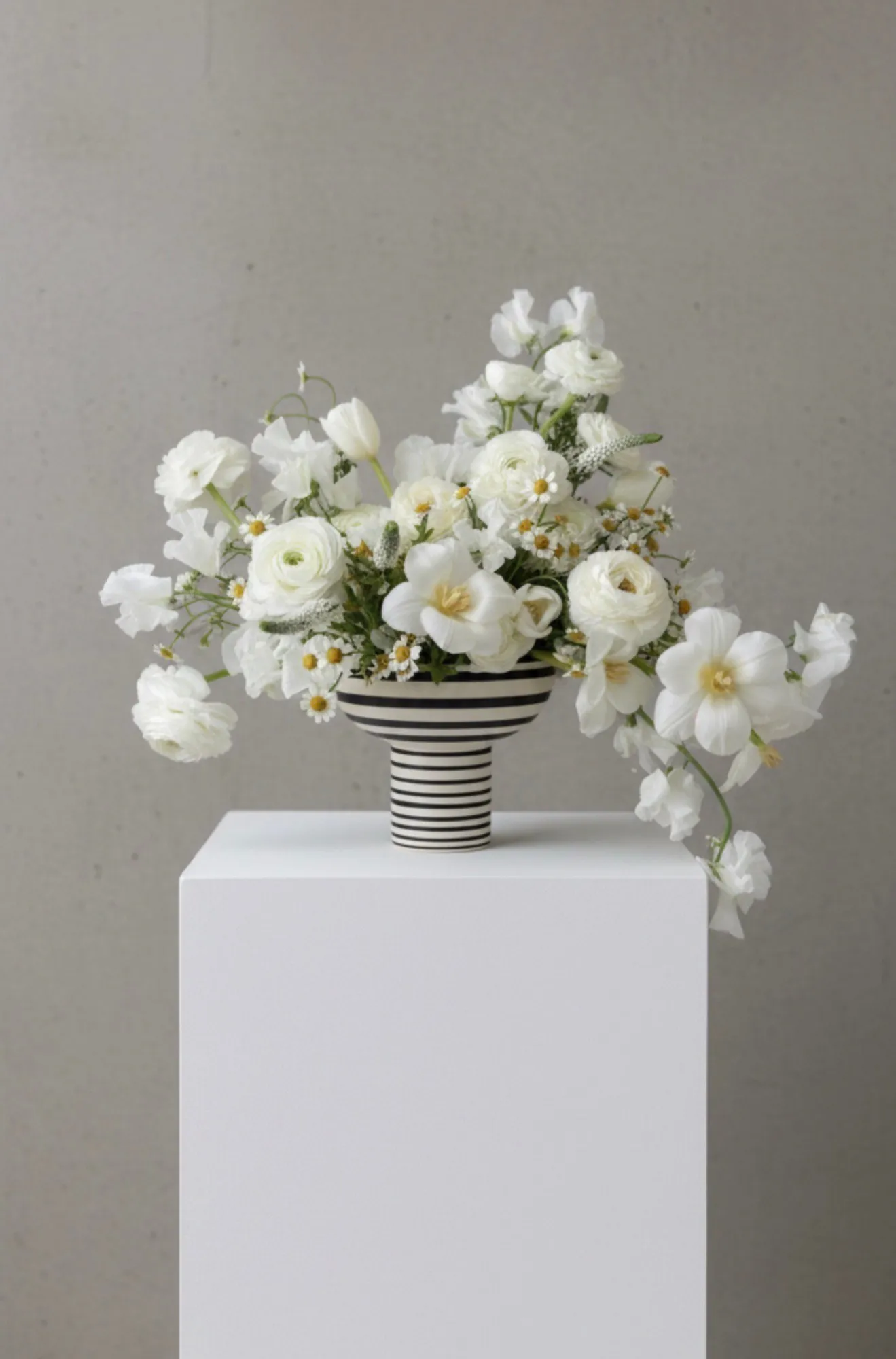 White ranunculus, tulips and chamomile spilling from a striped pedestal vase on a white plinth.