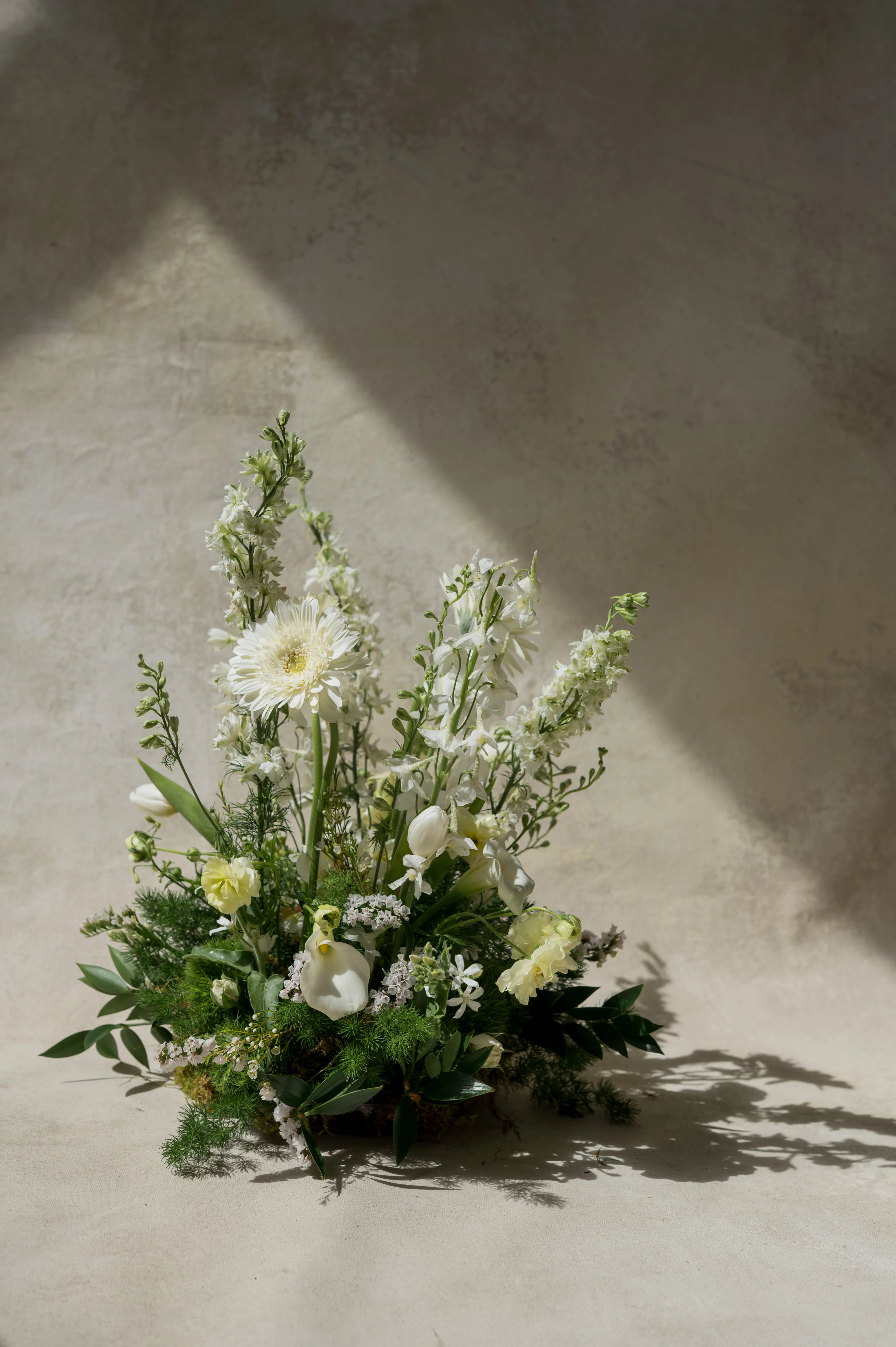 White garden-style arrangement with dramatic shadows on a plaster backdrop.