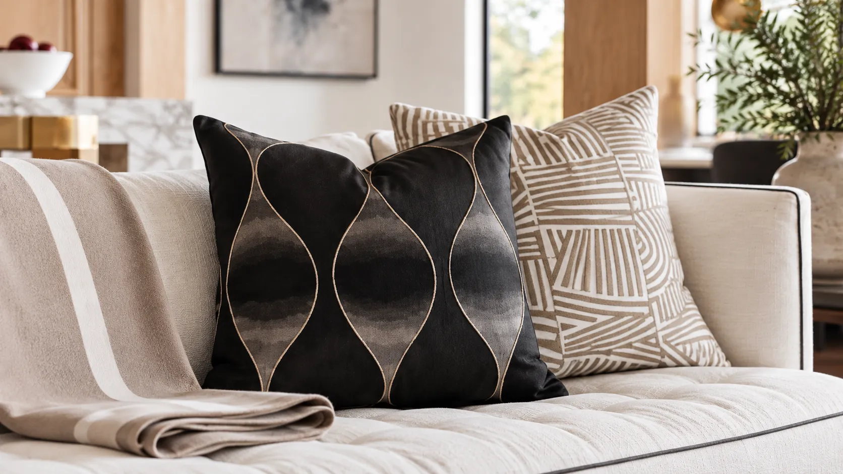 Black ombré and graphic patterned pillows styled on an ivory sofa.
