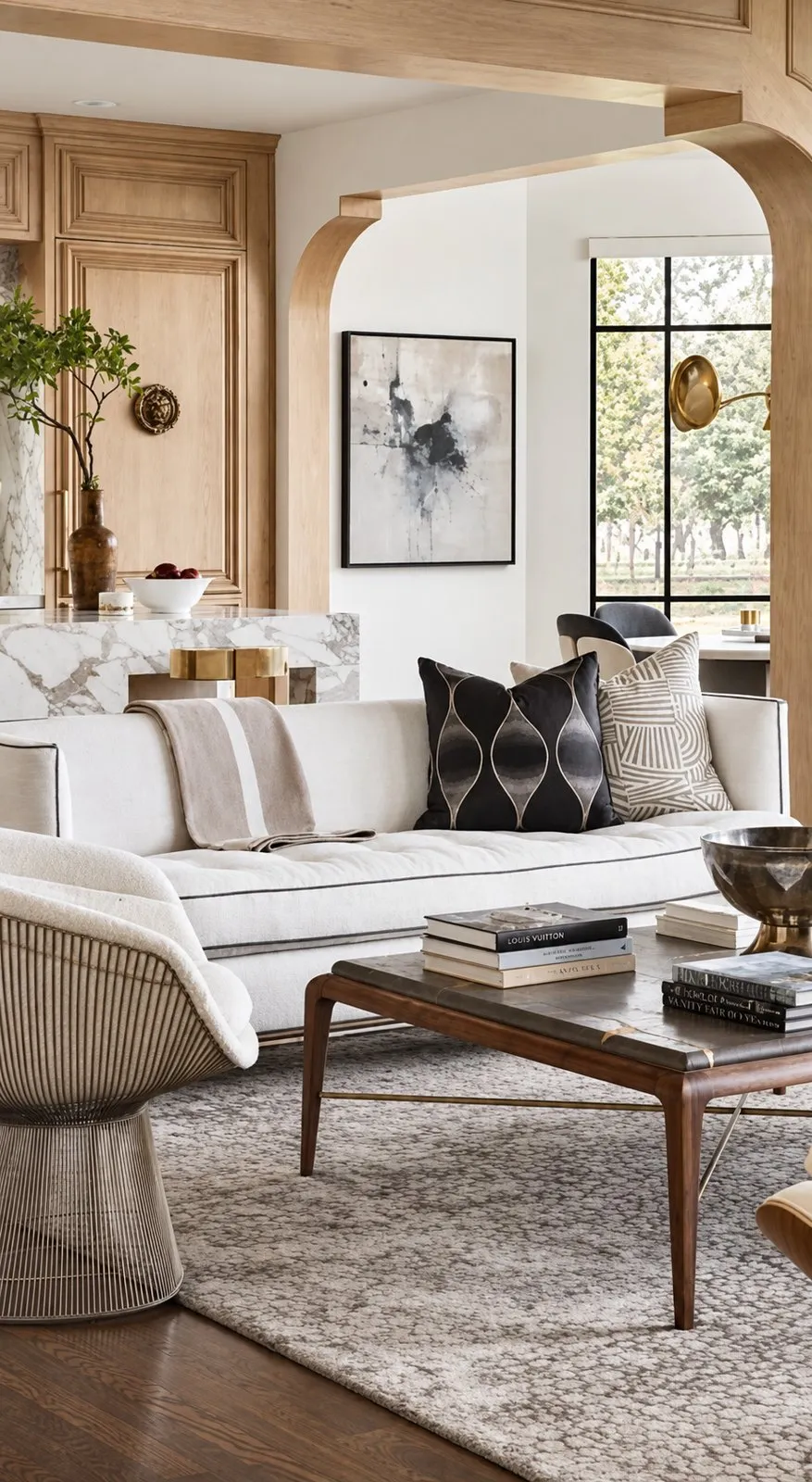 Cream living room with woven barrel chairs, a layered rug and an arched opening framed by warm oak.