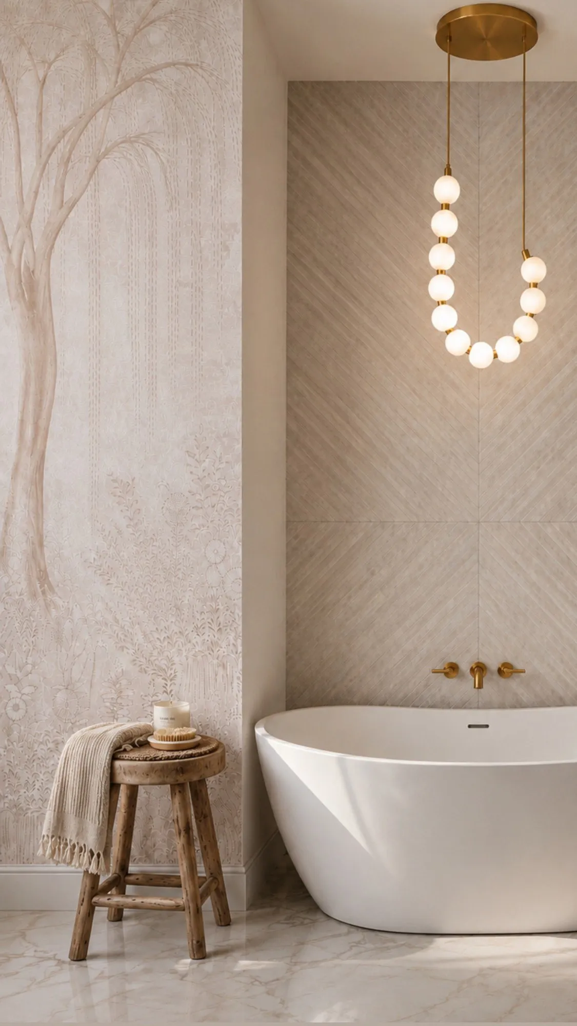 Soft beige bathroom with a freestanding tub, chevron stone wall and a pearl-strand pendant in brass.