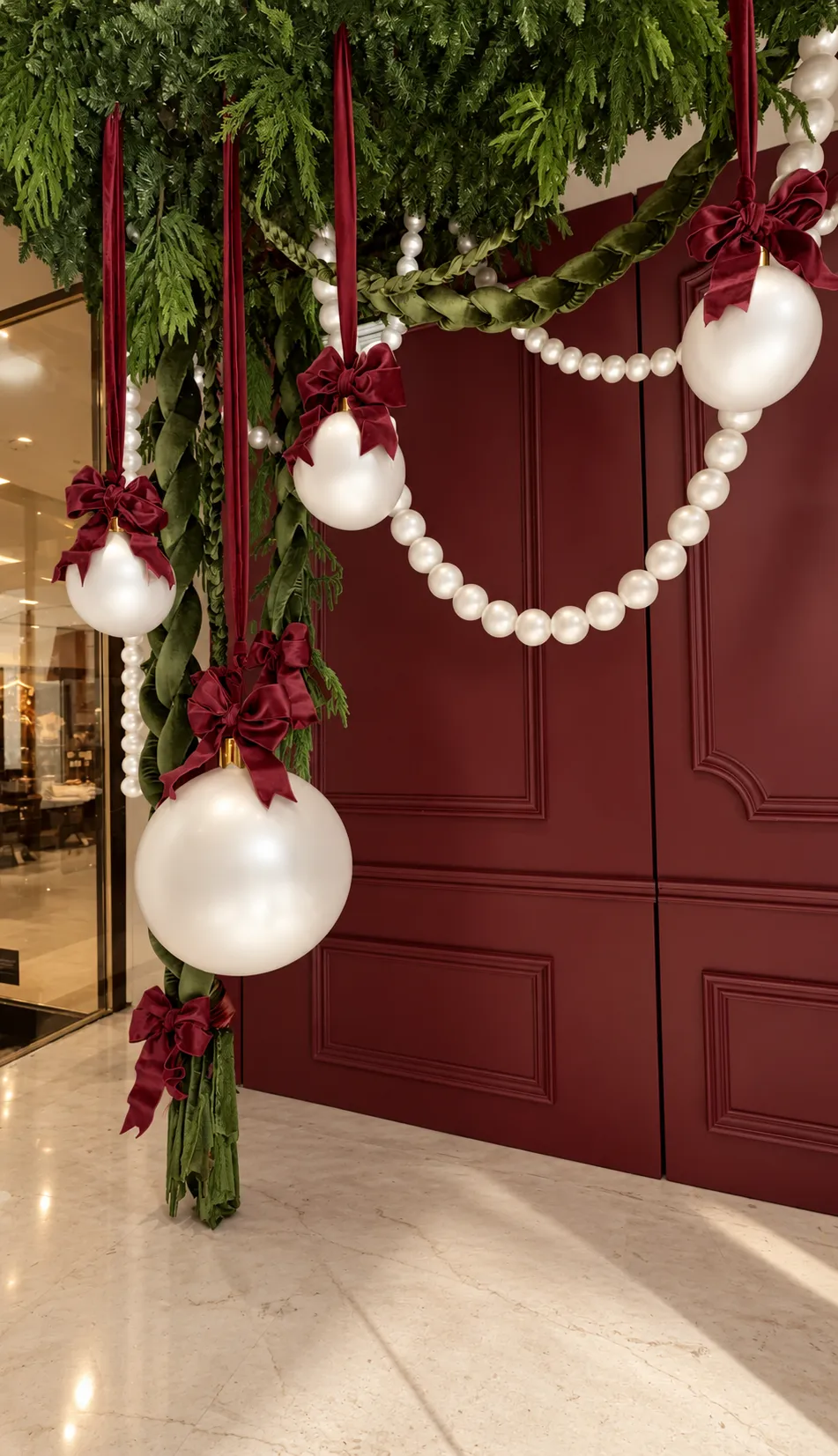 Fresh garland with oversized pearl strands and white ornaments cascading down burgundy paneling.
