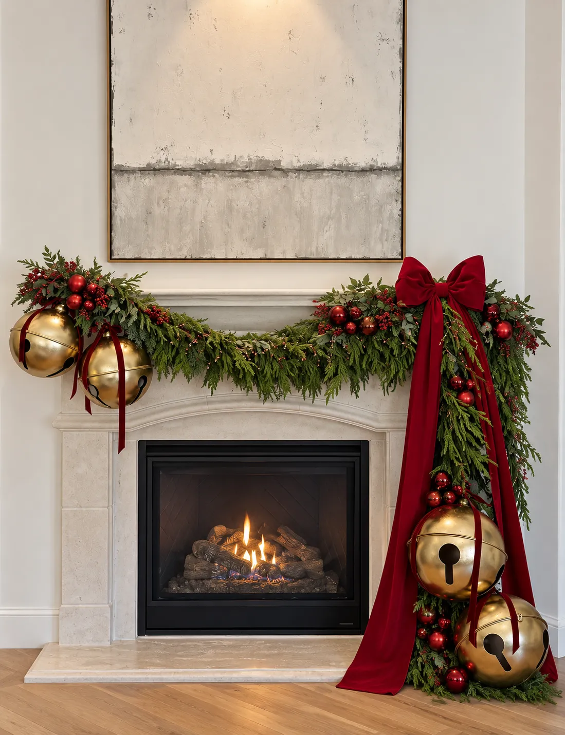 Fireplace mantel dressed with fresh garland, brass bells, red berries and a draped burgundy velvet ribbon.