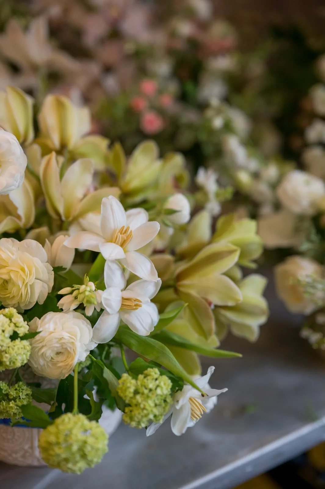 Workbench of white ranunculus and cymbidium arrangements in the studio.
