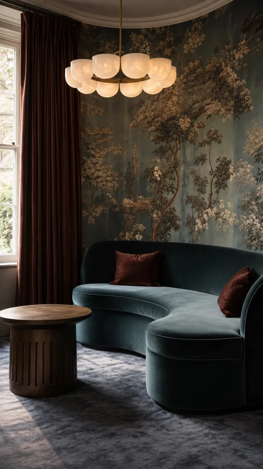 Moody lounge with a curved teal velvet sofa against mural wallpaper.